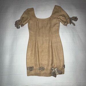 Elegant Vintage Karen Warren Tan/Gold Dress with Bow Accents